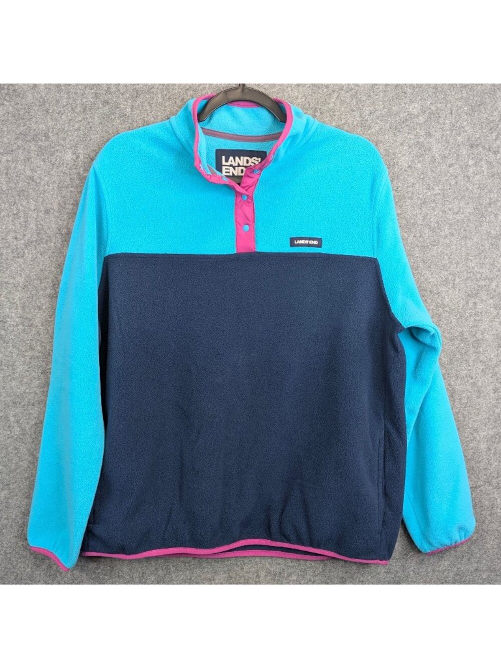 Lands End Womens XL 18 Fleece Pullover Blue Magenta Pink Color Block Snap Neck